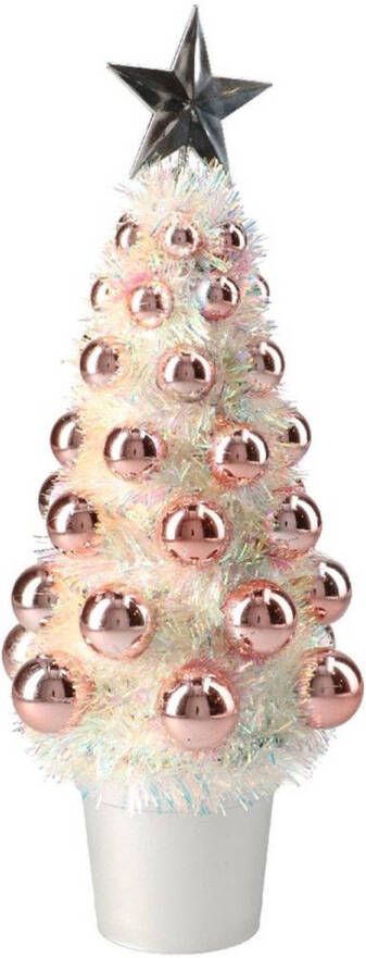 Merkloos Complete mini kunst kerstboompje kunstboompje zalm roze met kerstballen 29 cm Kunstkerstboom