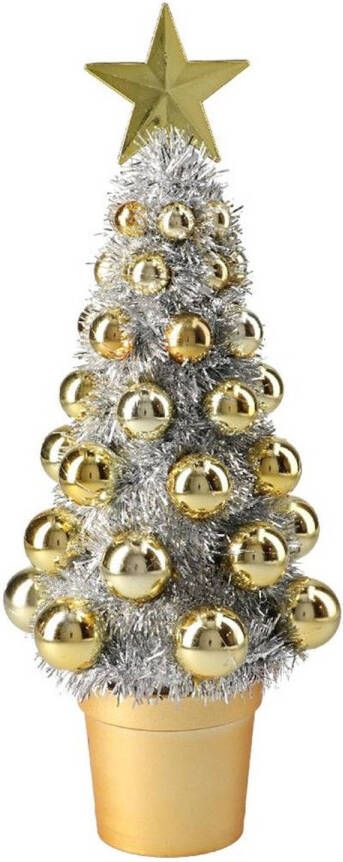 Merkloos Complete mini kunst kerstboompje kunstboompje zilver goud met kerstballen 30 cm Kunstkerstboom