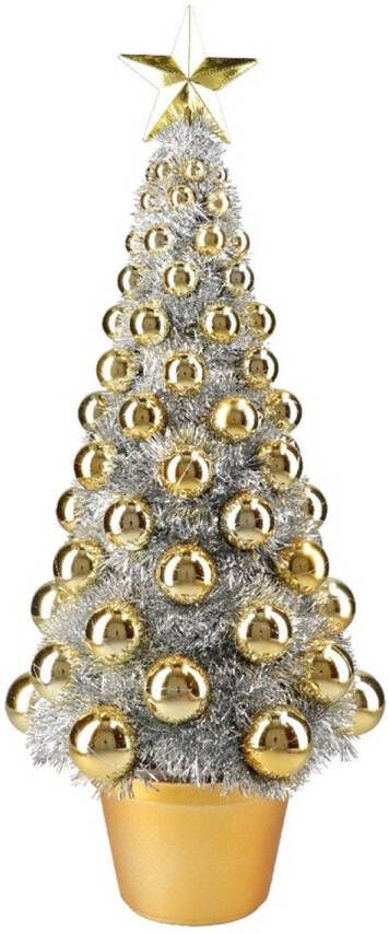 Merkloos Complete mini kunst kerstboompje kunstboompje zilver goud met kerstballen 50 cm Kunstkerstboom