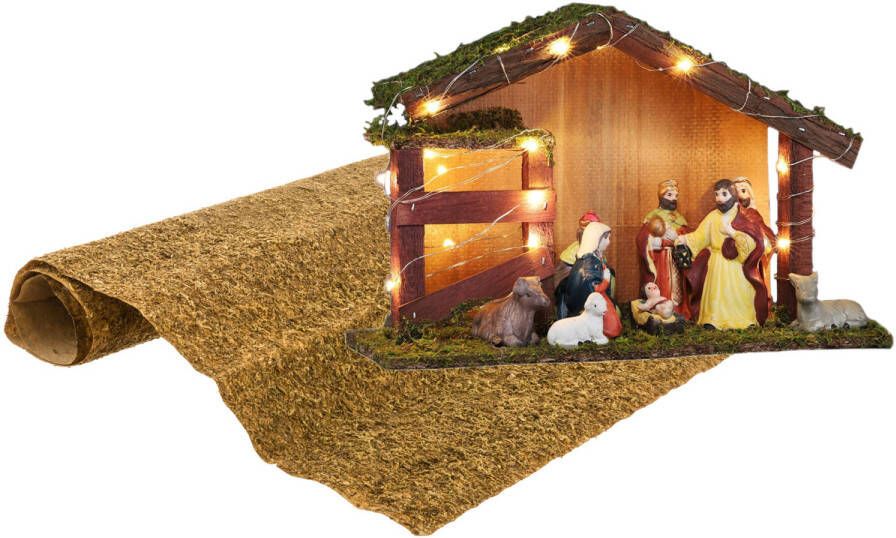 Merkloos Complete verlichte kerststal inclusief 9 beelden en ondergrond Kerststallen