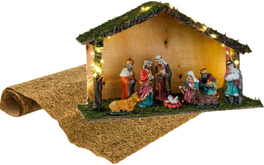 Merkloos Complete verlichte kerststal inclusief beelden en ondergrond Kerststallen