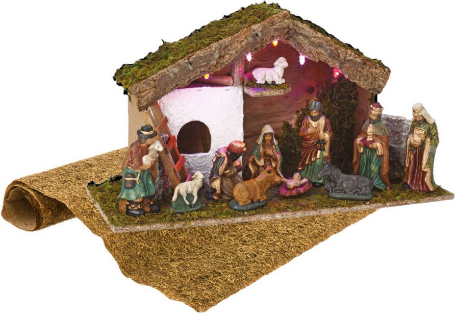 Merkloos Complete verlichte kerststal inclusief kerststal beelden en ondergrond Kerststallen