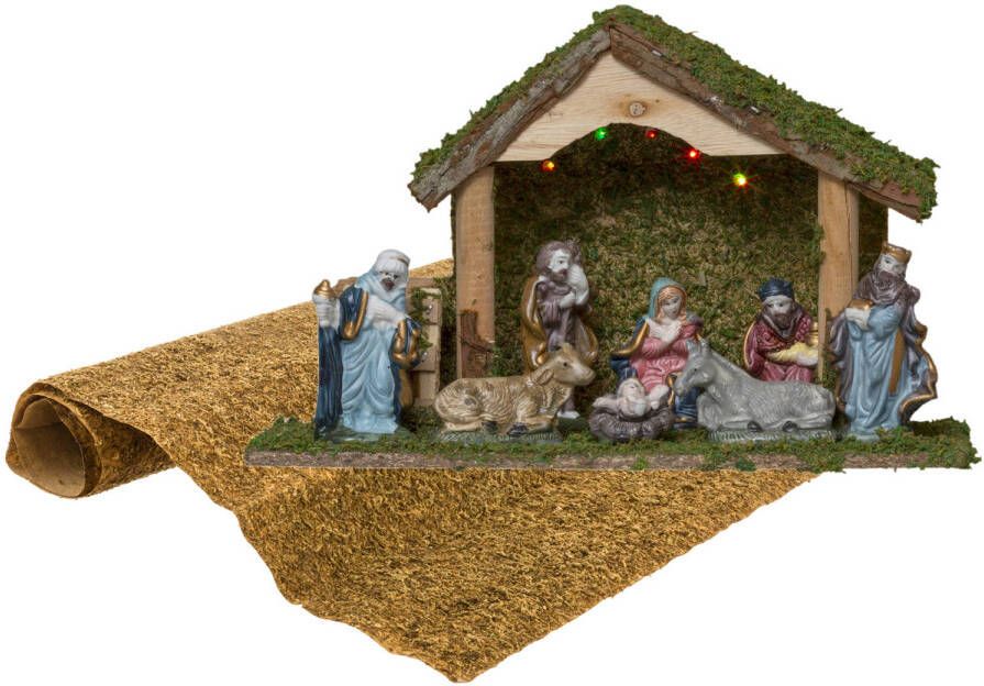 Merkloos Complete verlichte kerststal inclusief kerststal beelden en ondergrond Kerststallen
