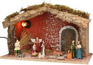 Merkloos Complete verlichte kerststal met 11x st kerststal beelden 39 x 20 x 24 cm hout polyresin Kerststallen