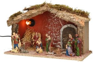 Merkloos Complete verlichte kerststal met 11x st kerststal beelden H24 cm Kerststallen