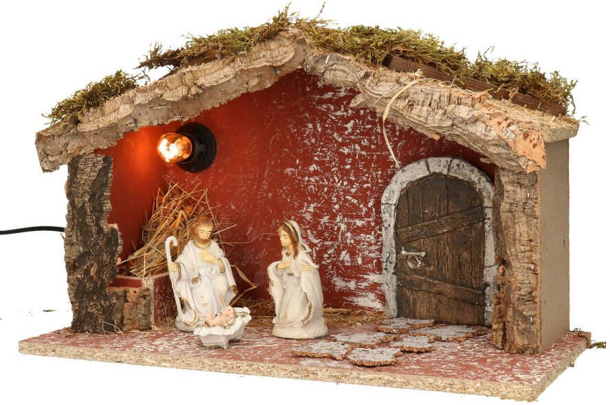 Merkloos Complete verlichte kerststal met 3x st kerststal beelden H24 cm Kerststallen