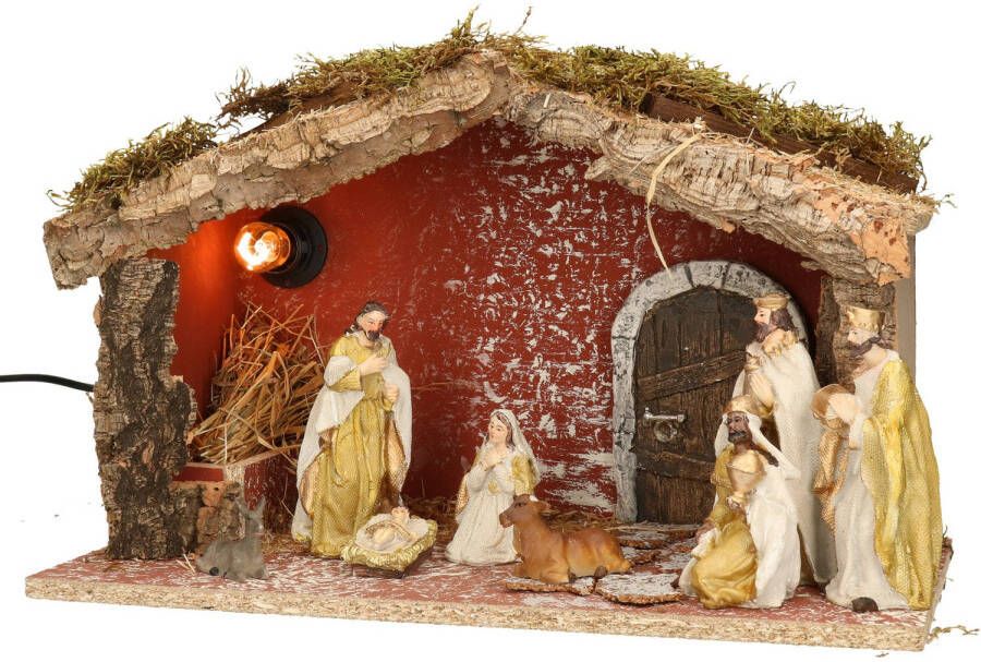Merkloos Complete verlichte kerststal met 8x st kerststal beelden H24 cm Kerststallen