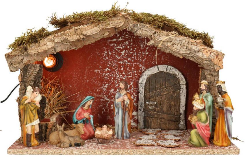 Merkloos Complete verlichte kerststal met 9x st kerststal beelden H24 cm Kerststallen