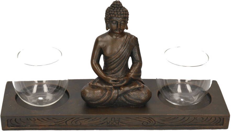 Merkloos Decoratie boeddha beeldje met theelichthouder zwart zittend 32 cm Kaarsenplateaus