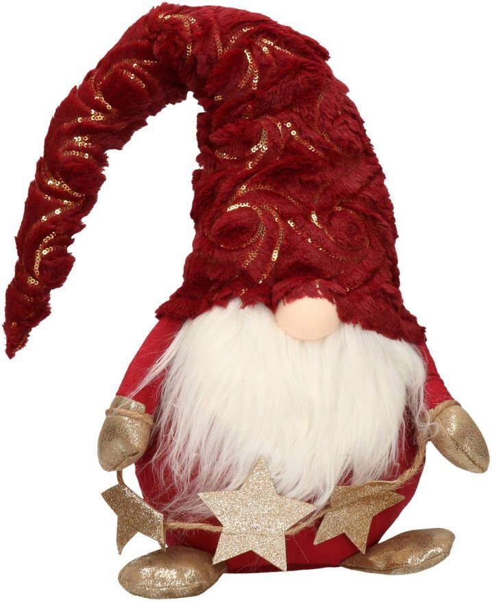 Merkloos Decoratie pop gnome kabouter 39 cm rood met goud Kerstman pop