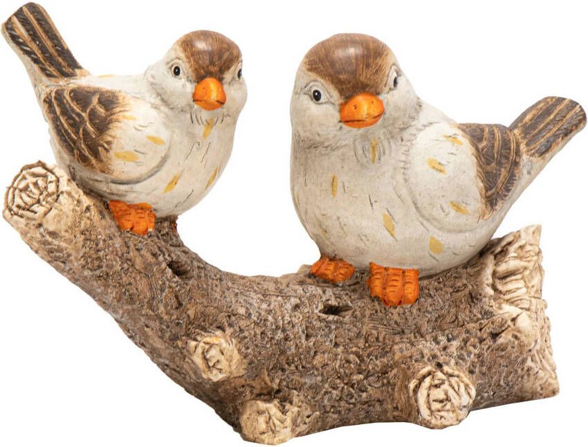 Merkloos Decoratie van 2 vogeltjes op tak hout beeldje binnen buiten 37 x 15 x 24 cm Beeldjes