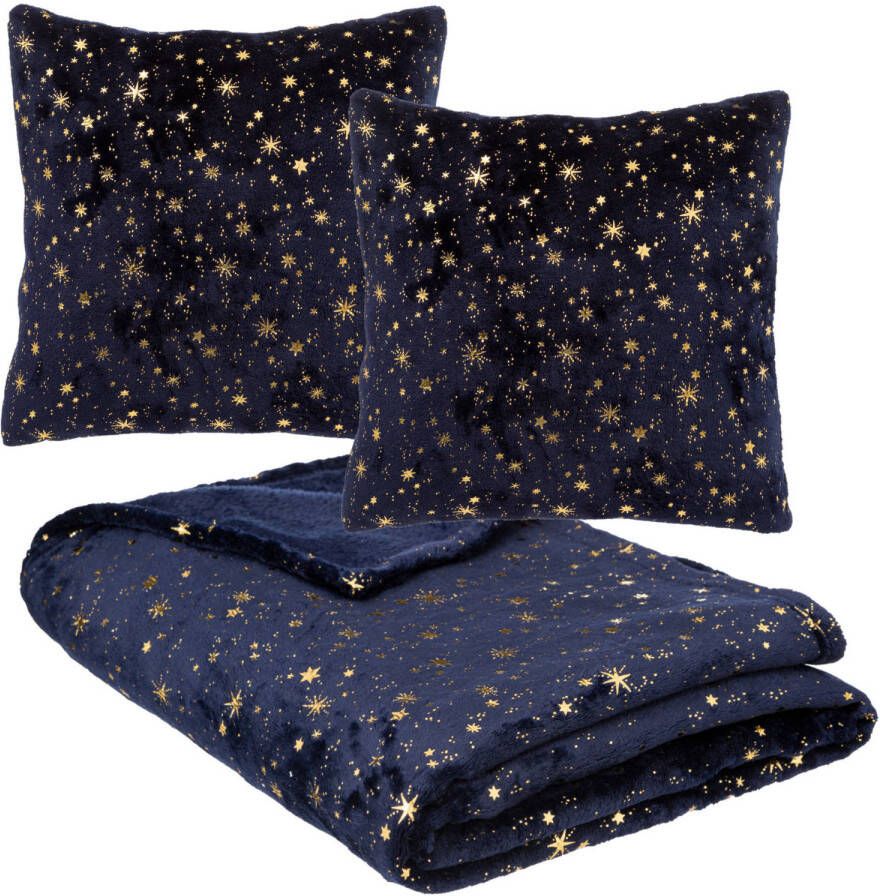Merkloos Deken plaid met 2x kussentjes sterren hemel blauw goud polyester Plaids