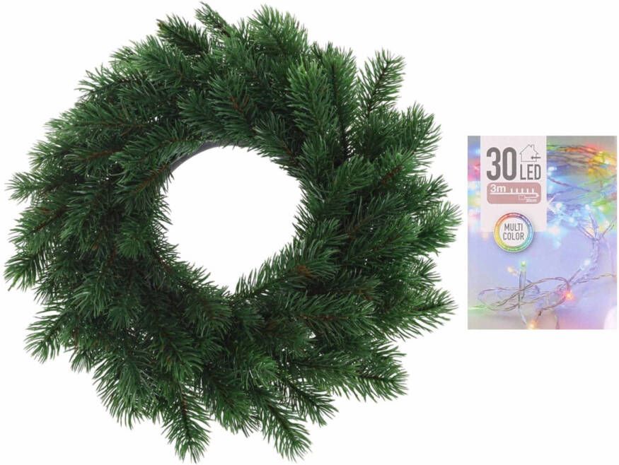 Merkloos Dennenkrans deurkrans 35 cm inclusief gekleurde kerstverlichting Kerstkransen
