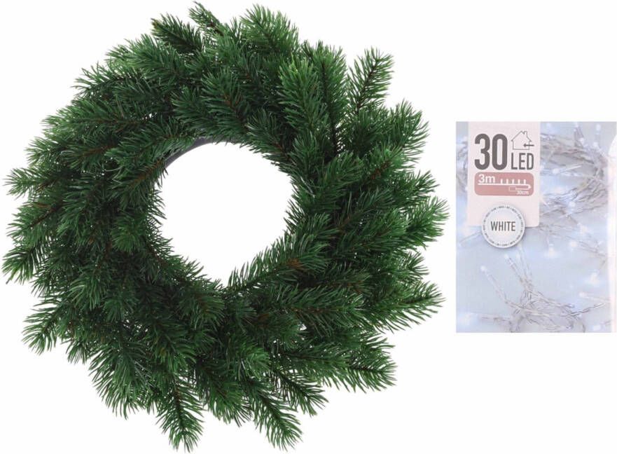 Merkloos Dennenkrans deurkrans 35 cm inclusief helder witte kerstverlichting Kerstkransen