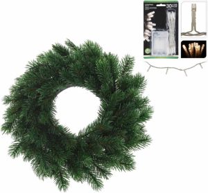 Merkloos Dennenkrans deurkrans 35 cm inclusief warm witte kerstverlichting Kerstkransen