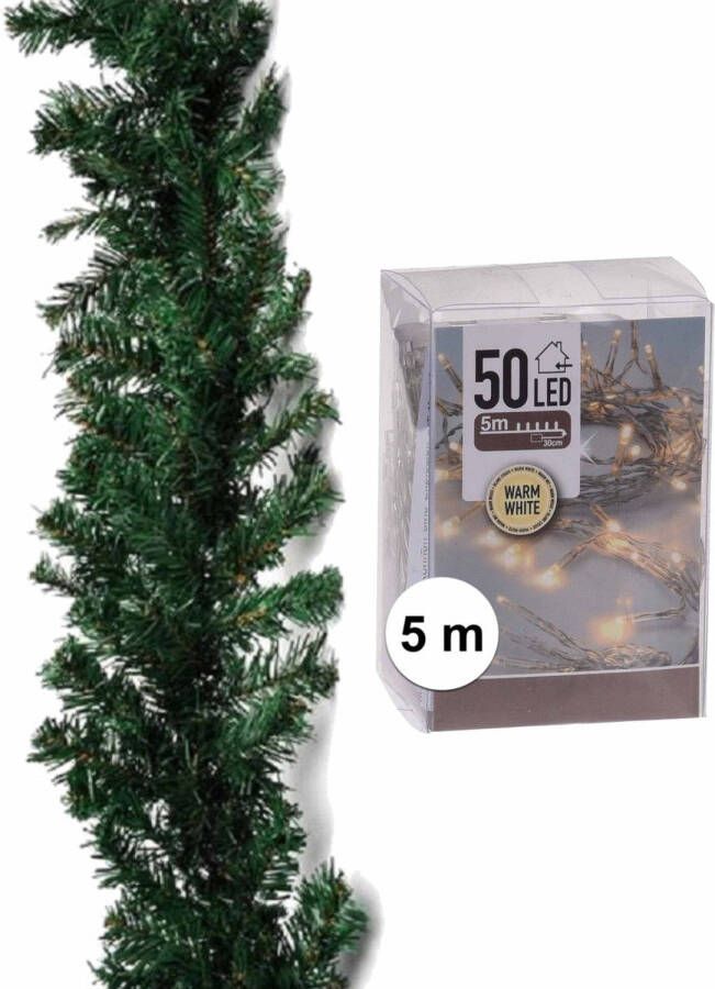 Merkloos Dennenslinger dennen guirlande groen 270 cm met warm witte verlichting Kerstslingers