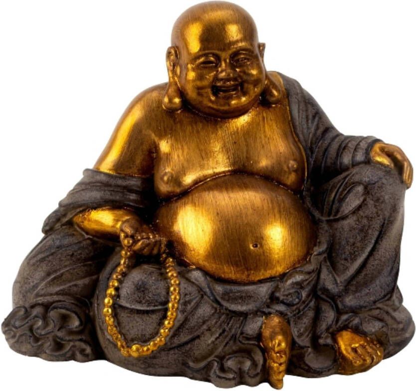 Merkloos Dikke Happy Boeddha beeldje zittend binnen buiten kunststeen grijs goud 17 x 20 cm Beeldjes