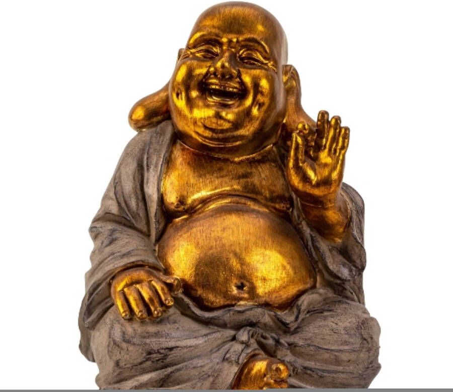 Merkloos Dikke Happy Boeddha beeldje zittend binnen buiten kunststeen grijs goud 33 x 25 cm Beeldjes