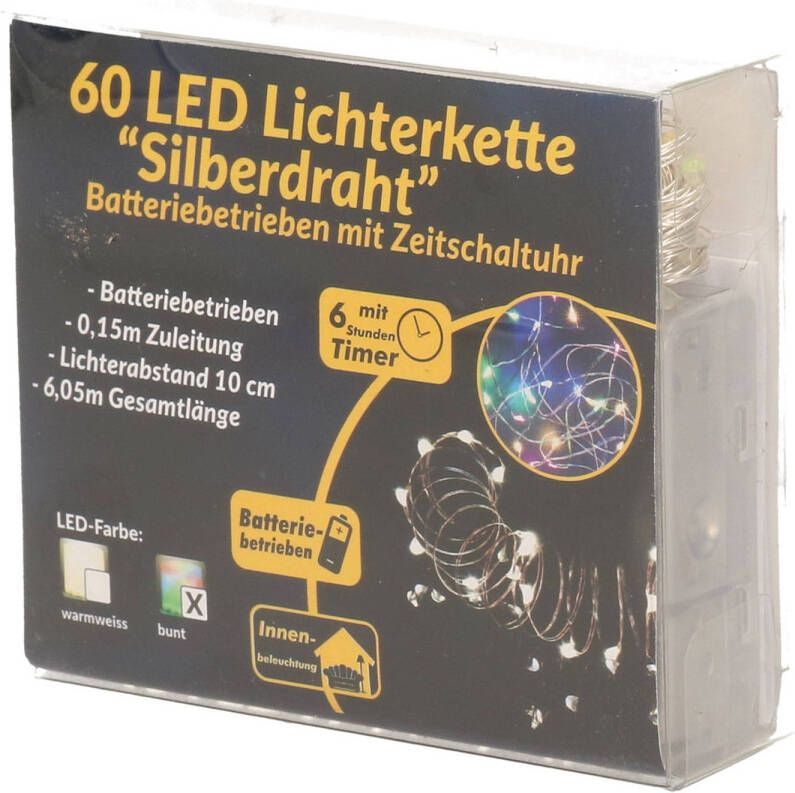Merkloos Draadverlichting zilver met gekleurde LED lampjes 6 meter op batterijen met timer Kerstverlichting lichtsnoeren