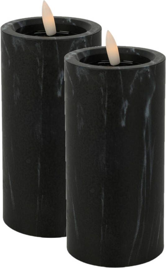 Merkloos Excellent Houseware LED stompkaars 2x -marmer zwart -D7 5 x H15 cm LED kaarsen