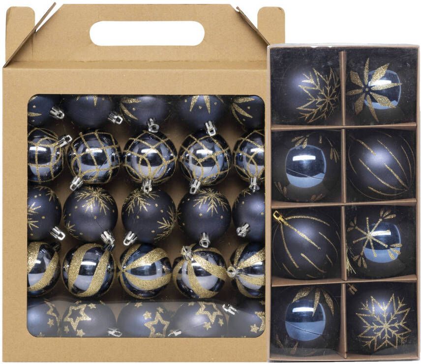 Merkloos Feeric lights & Christmas kerstballen 33x donkerblauw 6 en 8 cm Kerstbal
