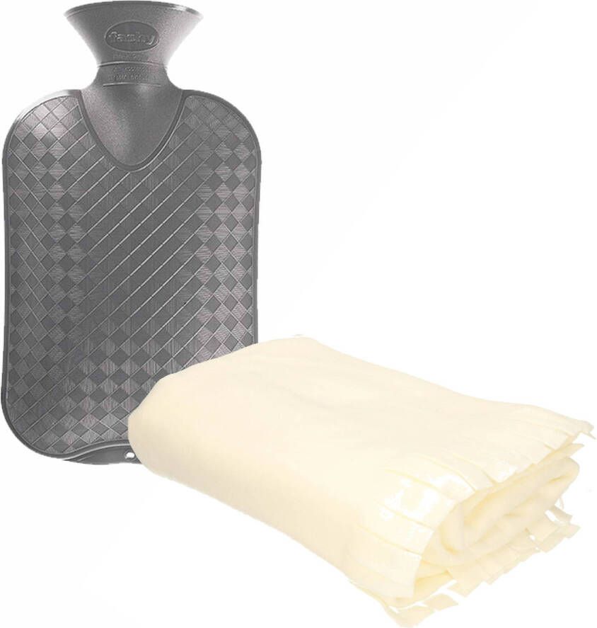 Merkloos Fleece deken plaid Licht Beige 130 x 170 cm en een warmwater kruik 2 liter Plaids