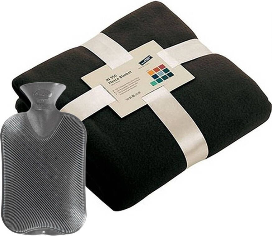 Merkloos Fleece deken plaid Zwart 130 x 170 cm en een warmwater kruik 2 liter Plaids