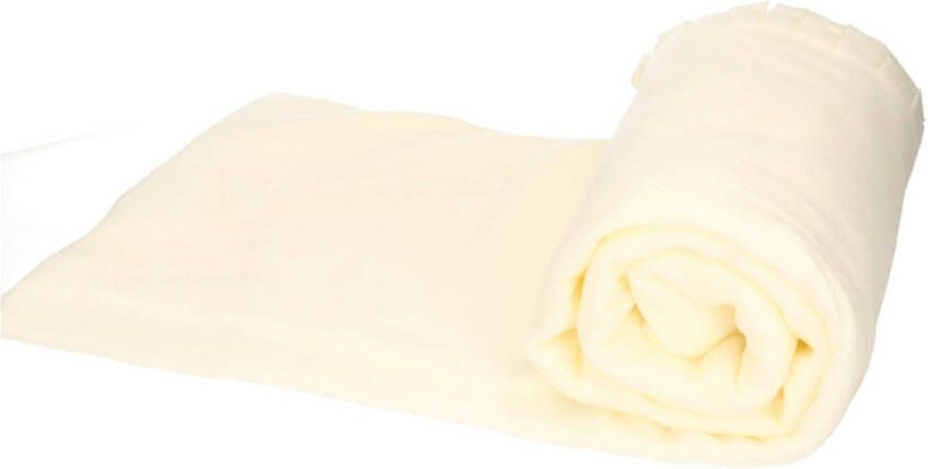 Merkloos Fleece deken plaid met franjes gebroken wit 130 x 170 cm Plaids