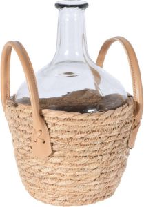 Merkloos Flesvaas glas transparant met gevlochten rieten mand 18 x 27 cm Decoratie vaas Vazen