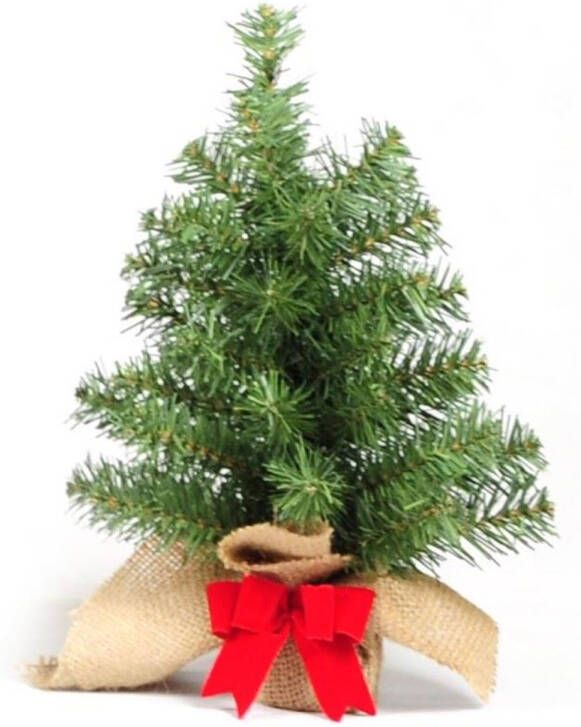 Merkloos Forest Table Tree kunst (tafel)kerstboom 30 cm groen Ø 25 cm 38 tips met rode strik jute zak