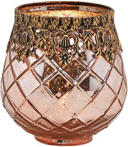 Merkloos Glazen design windlicht kaarsenhouder rose goud 13 x 14 x 13 cm Waxinelichtjeshouders