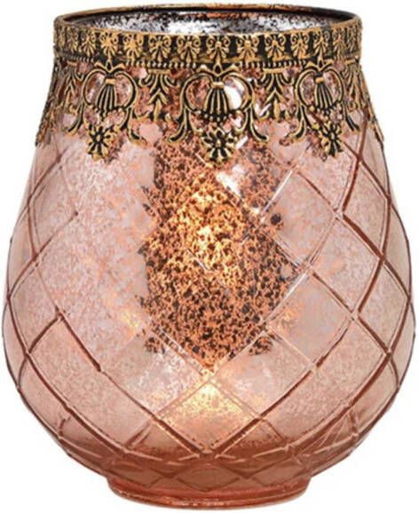 Merkloos Glazen design windlicht kaarsenhouder in de kleur rose goud met formaat 16 x 18 x 16 cm Voor waxinelichtjes Waxinelichtjeshouders