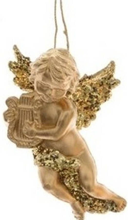 Merkloos Kerst hangdecoratie gouden engeltje met harp muziekinstrument 10 cm Kersthangers