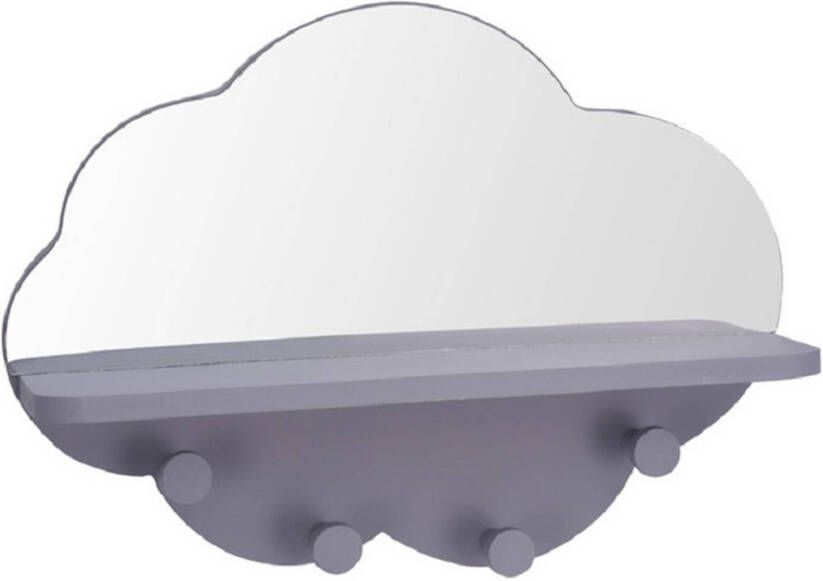 Merkloos Grijze kinderkamer kapstok 4-haaks met spiegel wolk vorm 39 cm Kapstokken