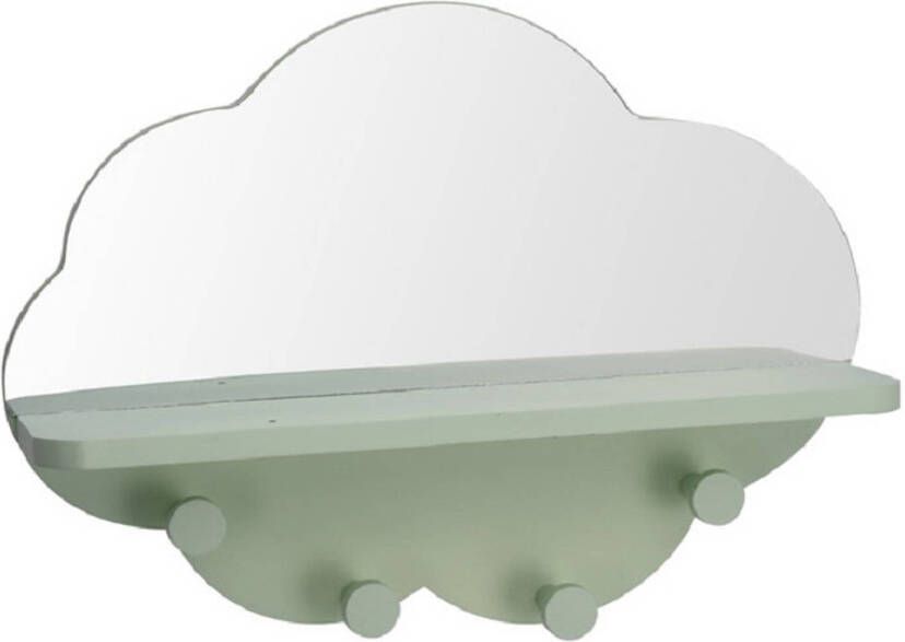 Merkloos Groene kinderkamer kapstok 4-haaks met spiegel wolk vorm 39 cm Kapstokken