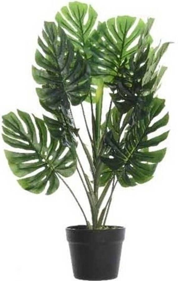 Merkloos Groene Monstera gatenplant kunstplant 80 cm in zwarte pot Kunstplanten