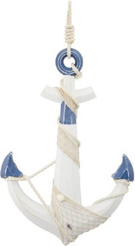 Merkloos Groot houten anker beeld wit met blauw 59 x 39 cm maritieme hangdecoratie Beeldjes