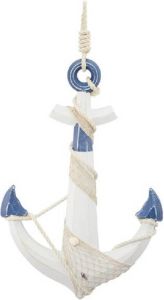 Merkloos Groot houten anker beeld wit met blauw 59 x 39 cm maritieme hangdecoratie- Woonstijl maritiem Strand zee woonaccessoires Beeldjes