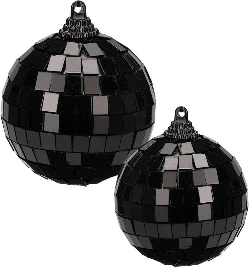 Merkloos Grote discobal kerstballen 2x stuks zwart 10 en 12 cm kunststof Kerstbal