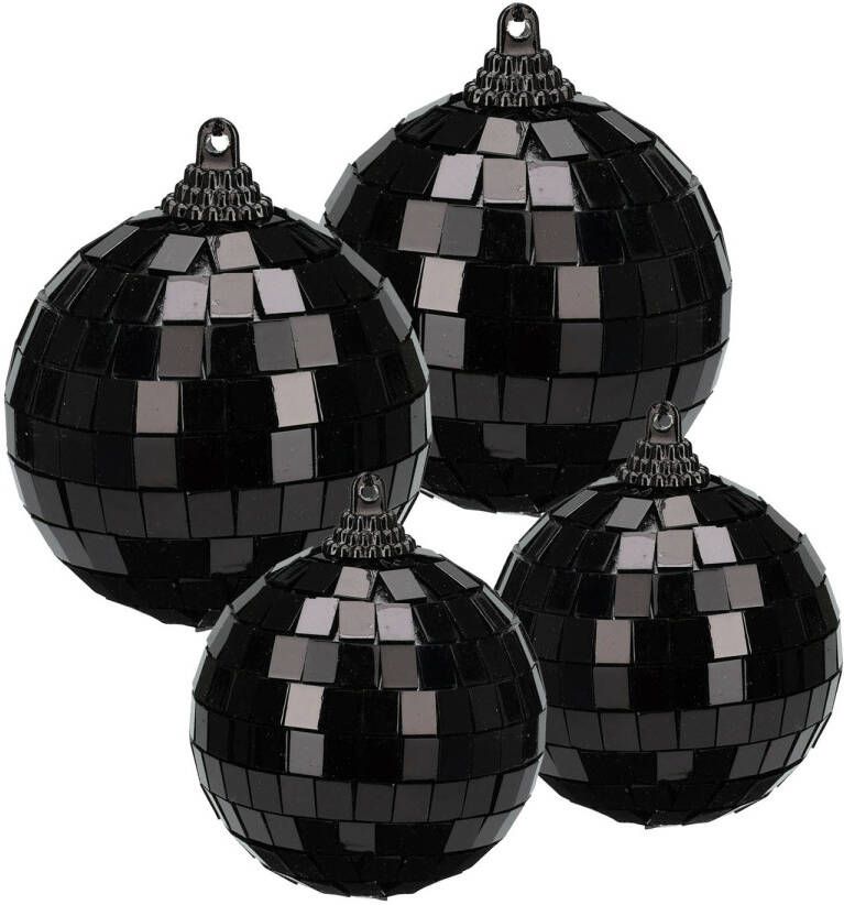 Merkloos Grote discobal kerstballen 4x stuks zwart 6 en 8 cm kunststof Kerstbal