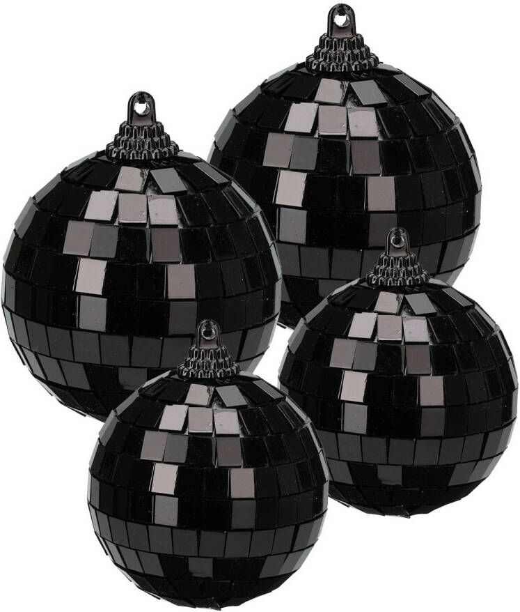 Merkloos Grote discobal kerstballen 4x stuks zwart 8 en 10 cm kunststof Kerstbal