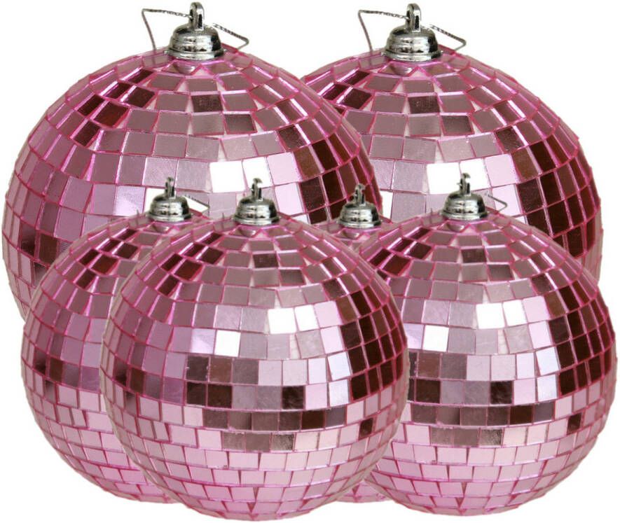 Merkloos Grote discobal kerstballen 6x stuks roze 8 en 10 cm kunststof Kerstbal