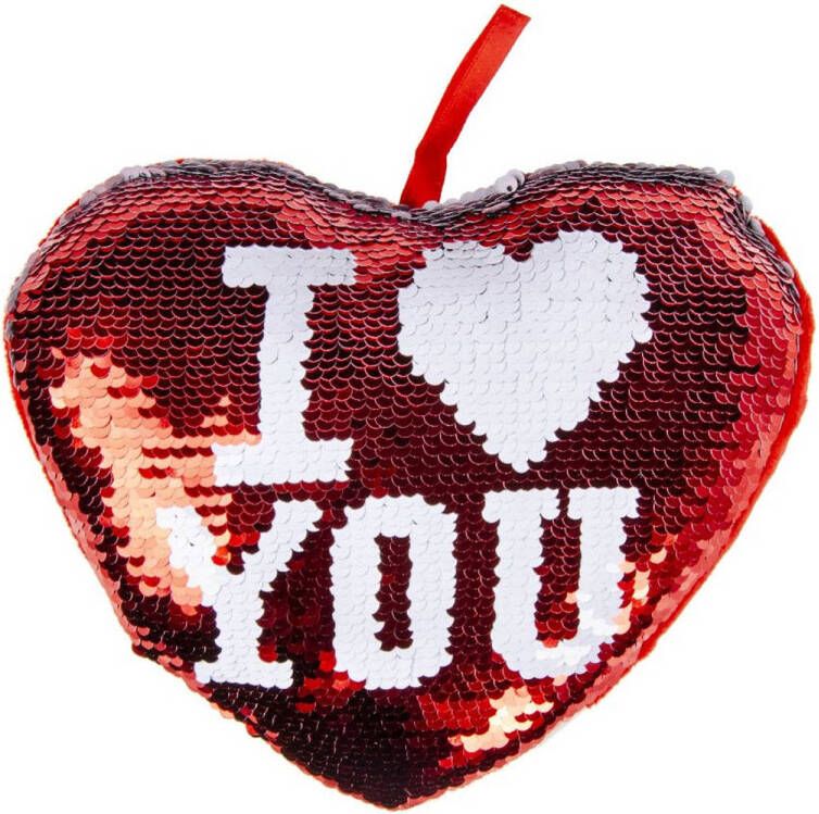 Merkloos Hartjes kussen I Love You rood metallic met pailletten 20 cm sierkussens valentijn decoratie versiering Sierkussens