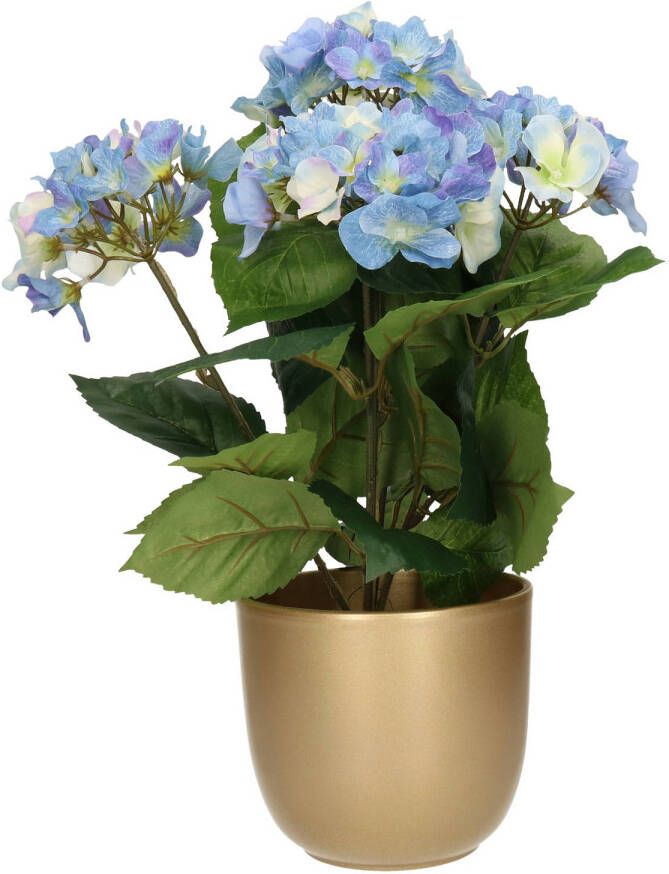 Merkloos Hortensia kunstplant met bloemen blauw in pot goud 40 cm hoog Kunstplanten