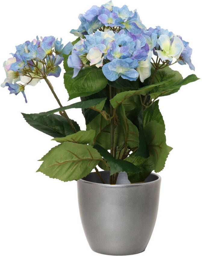 Merkloos Hortensia kunstplant met bloemen blauw in pot metallic zilver 40 cm hoog Kunstplanten