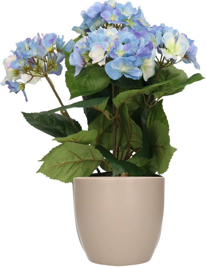 Merkloos Hortensia kunstplant met bloemen blauw in pot taupe 40 cm hoog Kunstplanten
