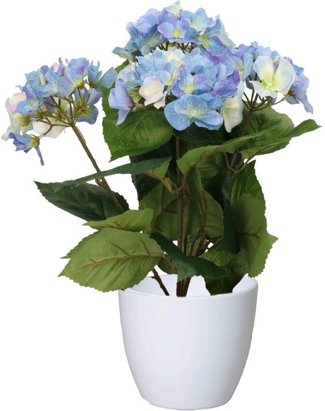 Merkloos Hortensia kunstplant met bloemen blauw in pot wit 40 cm hoog Kunstplanten