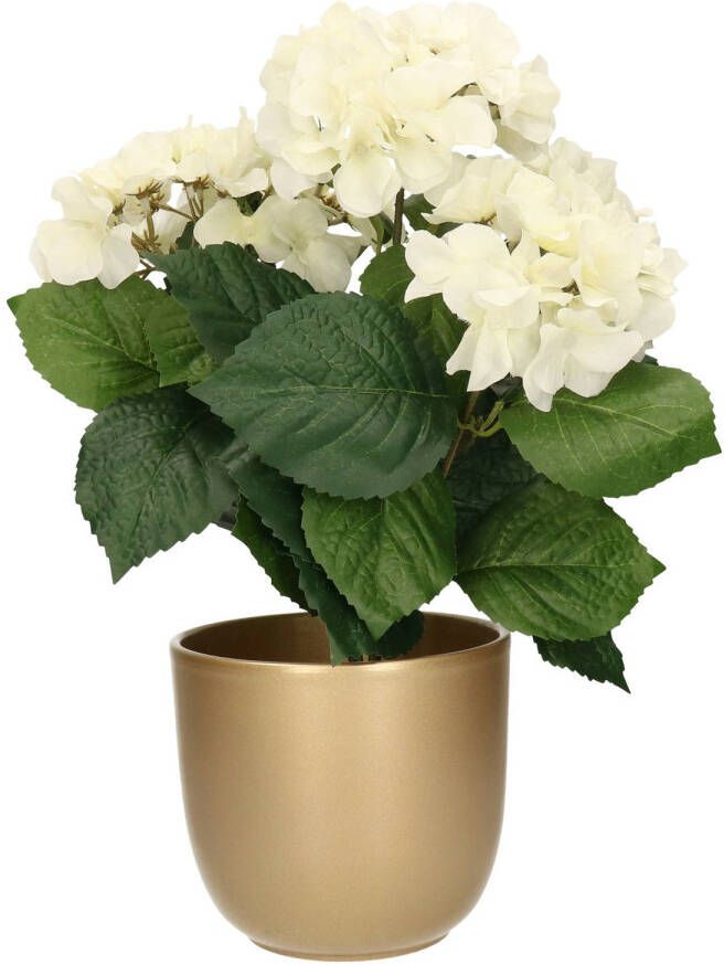 Merkloos Hortensia kunstplant met bloemen wit in pot goud 40 cm hoog Kunstplanten