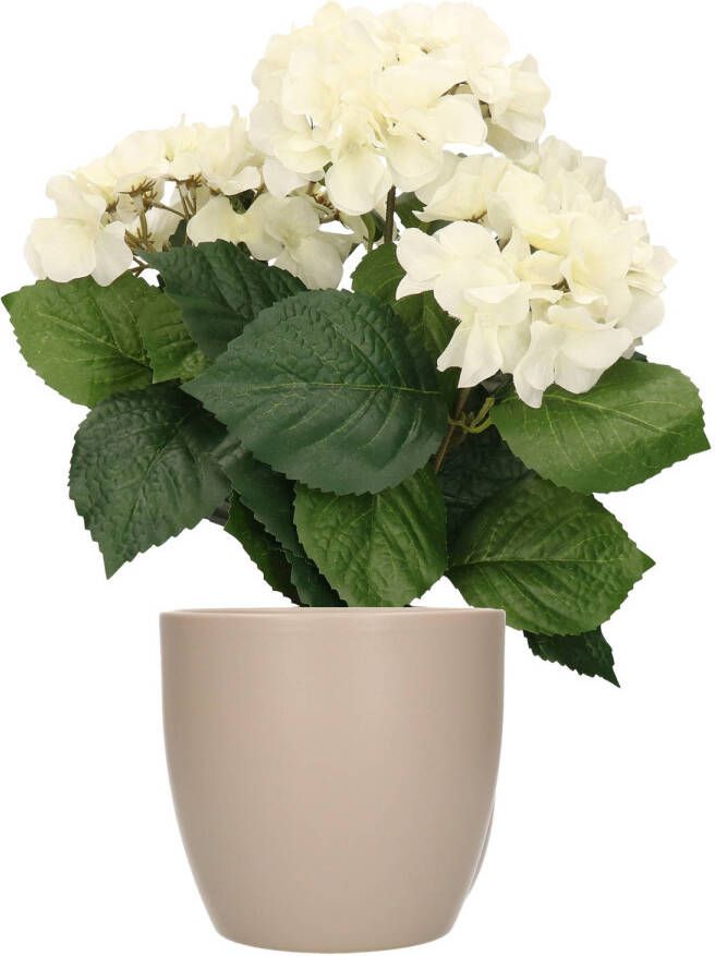 Merkloos Hortensia kunstplant met bloemen wit in pot taupe 40 cm hoog Kunstplanten