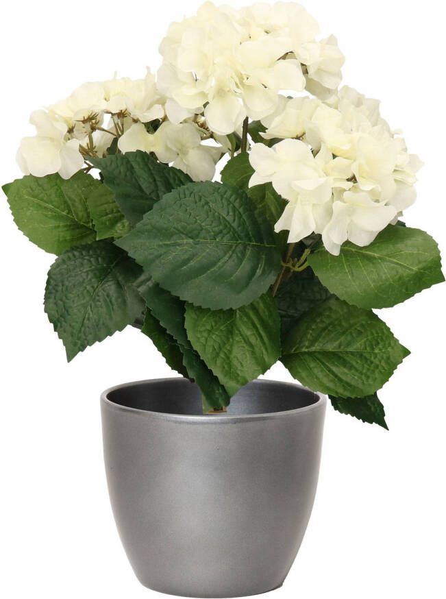 Merkloos Hortensia kunstplant met bloemen wit in pot zilver metallic 40 cm hoog Kunstplanten